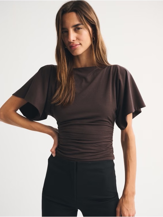 Abercrombie Brown Flutter Sleeve Slash Top